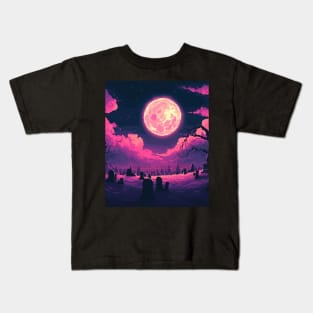 Nighttime Under the Pink Full Moon Kids T-Shirt